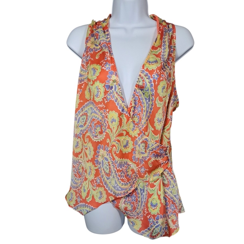 Lauren Ralph Lauren Paisley Satin Faux Wrap Surplice Top Multicolor Size 14